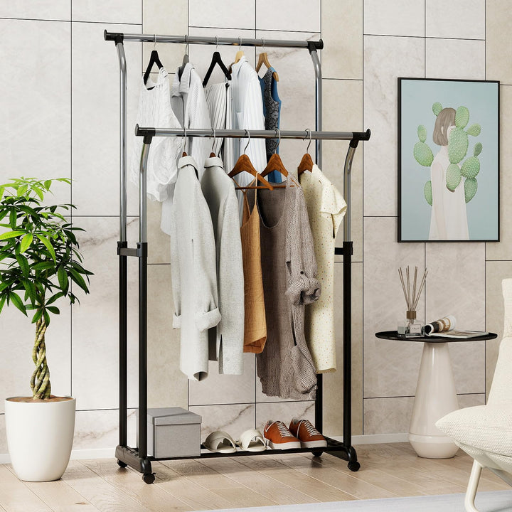 Giantex Double Rod Clothing Rack with Adjustable Height & Wheels