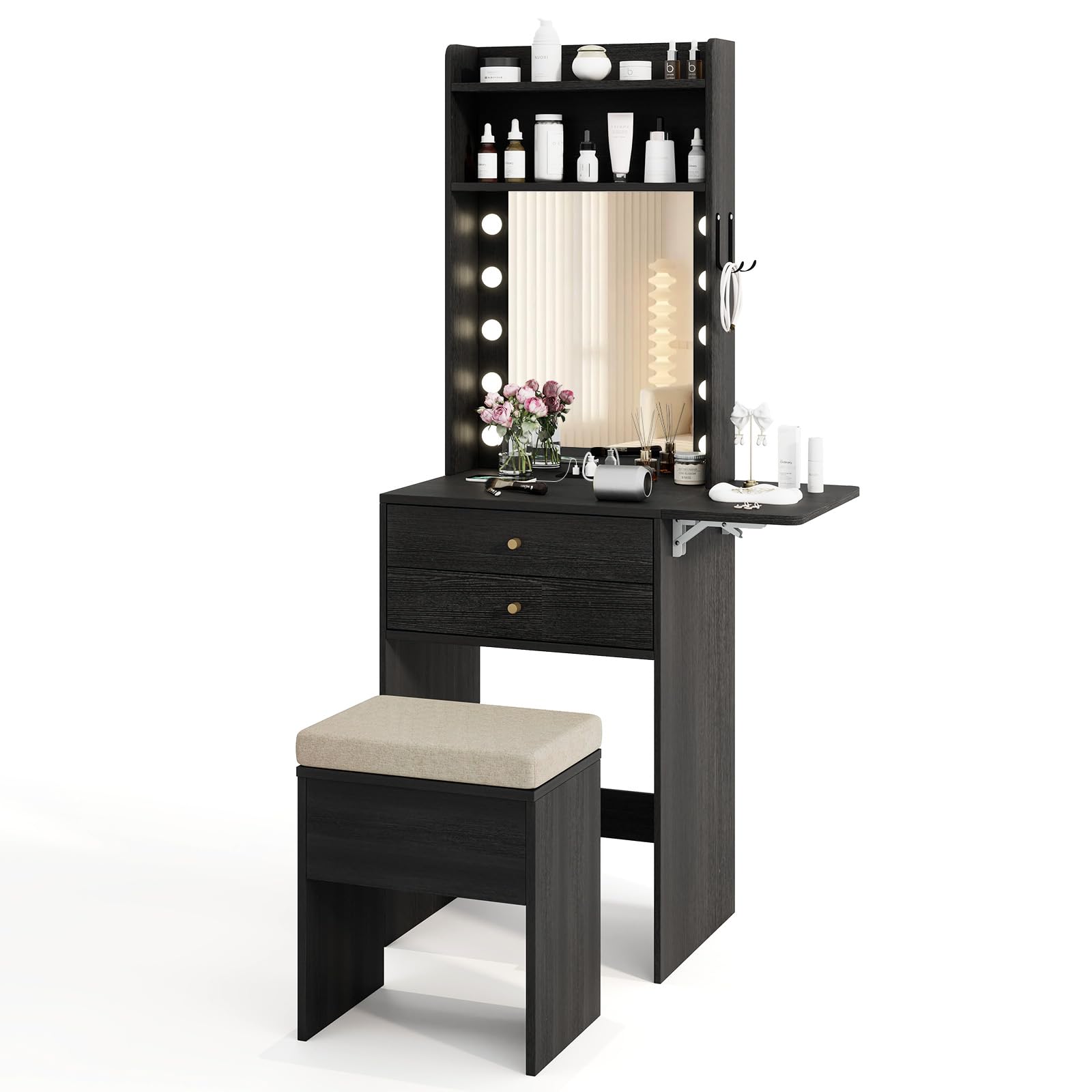 CHARMAID Small Vanity Desk with Mirror and Lights, Makeup Vanity Table with Charging Station, Drawers, Shelves, Foldable Side Table Black CHARMAID Small Vanity Desk with Mirror and Lights, Makeup Vanity Table with Charging Station, Drawers, Shelves, Foldable Side Table Black