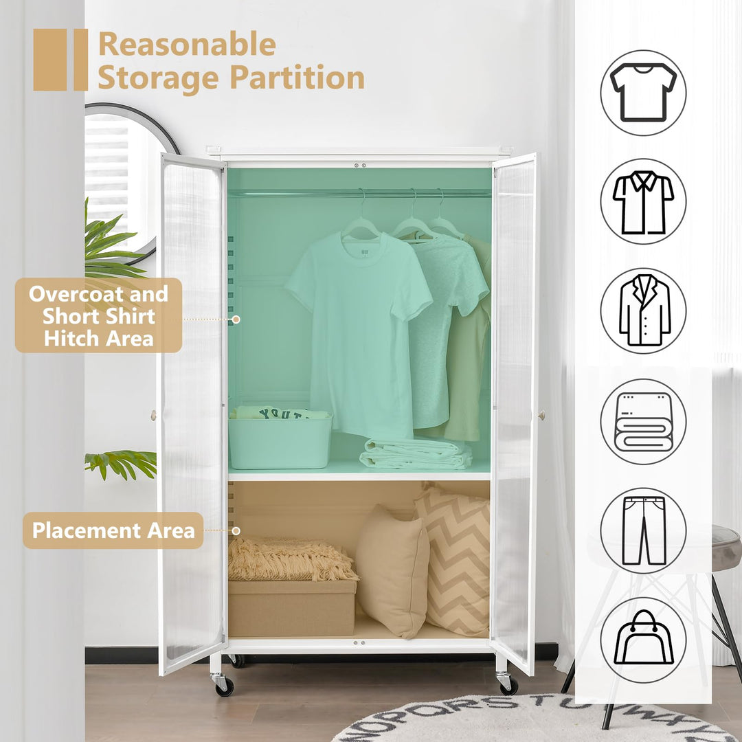 Portable Closet with Rollers, Mobile Metal Armoire Closet with Hanging Rod