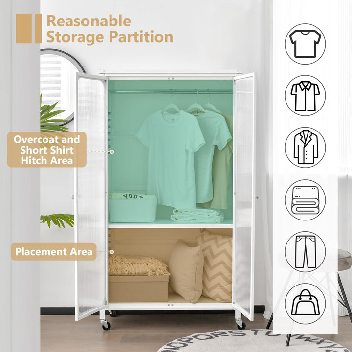 Portable Closet with Rollers, Mobile Metal Armoire Closet with Hanging Rod