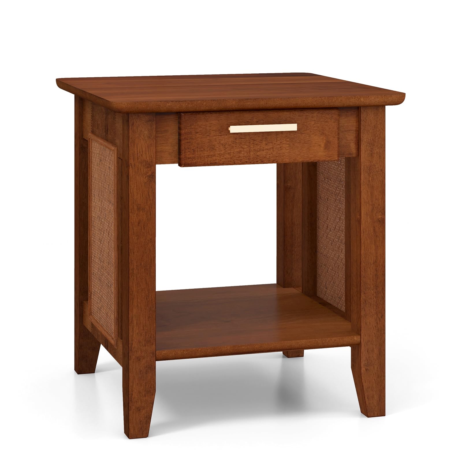 Giantex Rattan Nightstand with Drawer, Mid Century End Table with Storage Shelf, Sofa Side Table with Solid Rubber Wood Legs