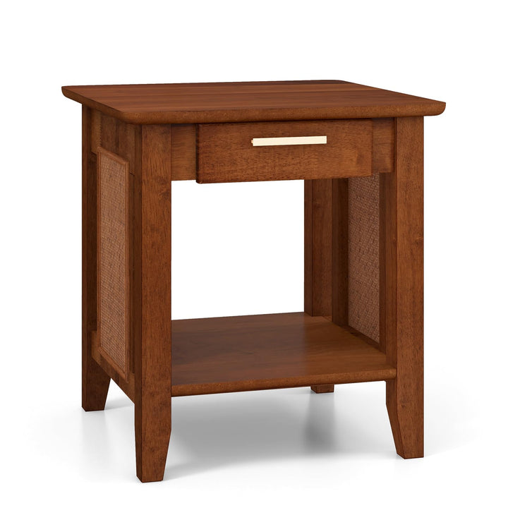 Giantex Rattan Nightstand with Drawer, Mid Century End Table with Storage Shelf, Sofa Side Table with Solid Rubber Wood Legs