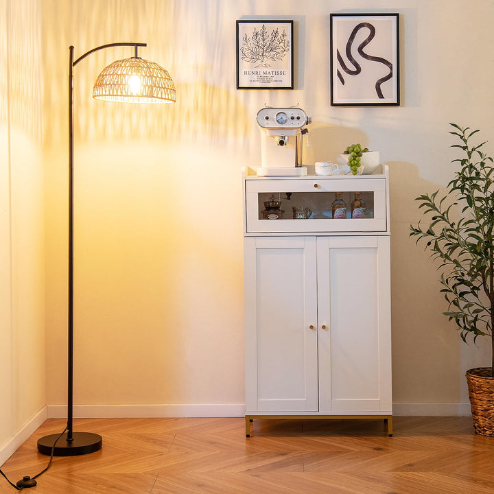 Giantex Boho Floor Lamp with Handwoven Paper Rope Shade Arc Standing Lamp with E26 Socket & Foot Switch