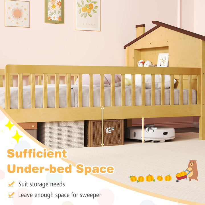 Giantex Twin Bed Frames for Kids, Solid Wood Montessori Bed with House-Shaped Headboard & Built-in Storage Shelf