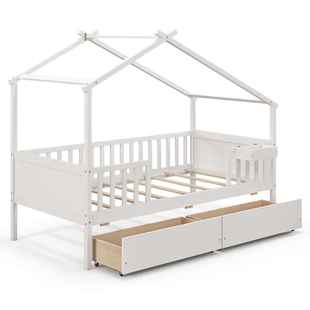 Giantex Twin House Bed with Drawers, Wooden Twin Bed Frame with Cube Storage & Fence Rails