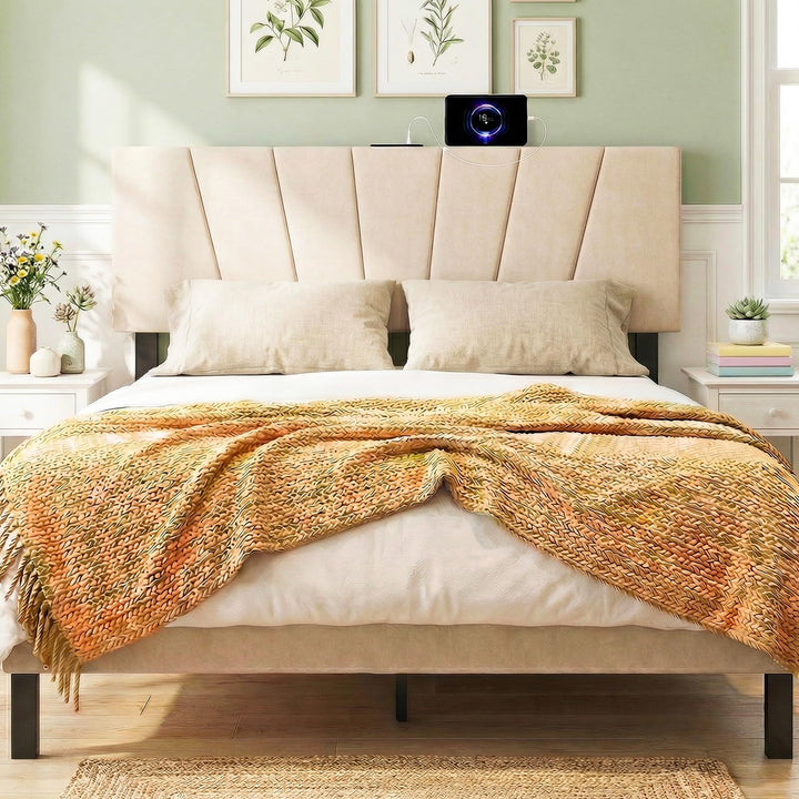 Giantex Geometric Upholstered Head Board with USB & Type-C Ports