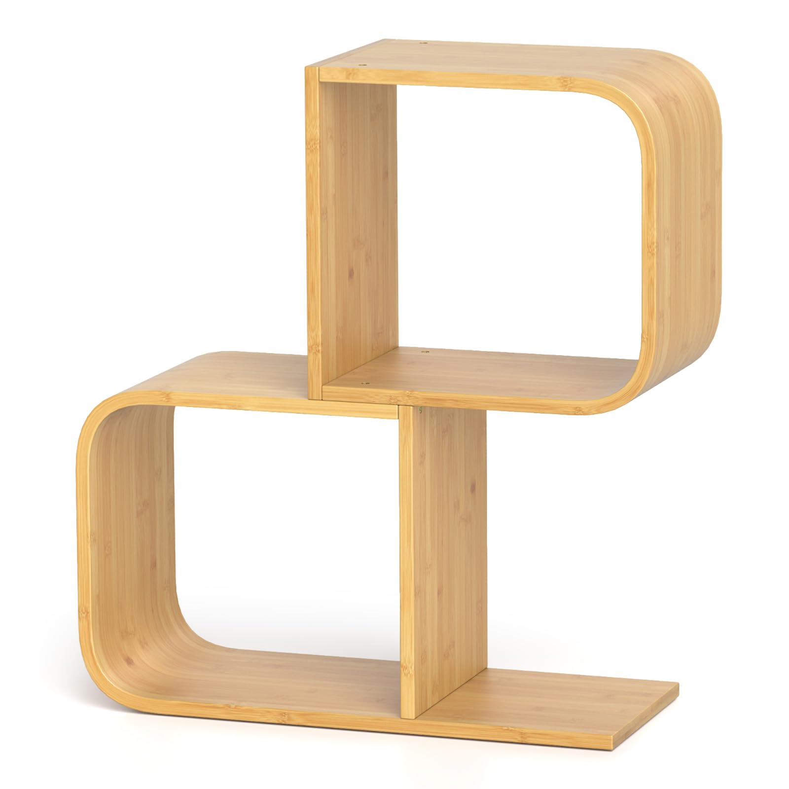 Giantex S-Shaped Bookcase, 2-Tier Bamboo Bookshelf with 2 Open Cubes, Geometric Corner Display Shelf