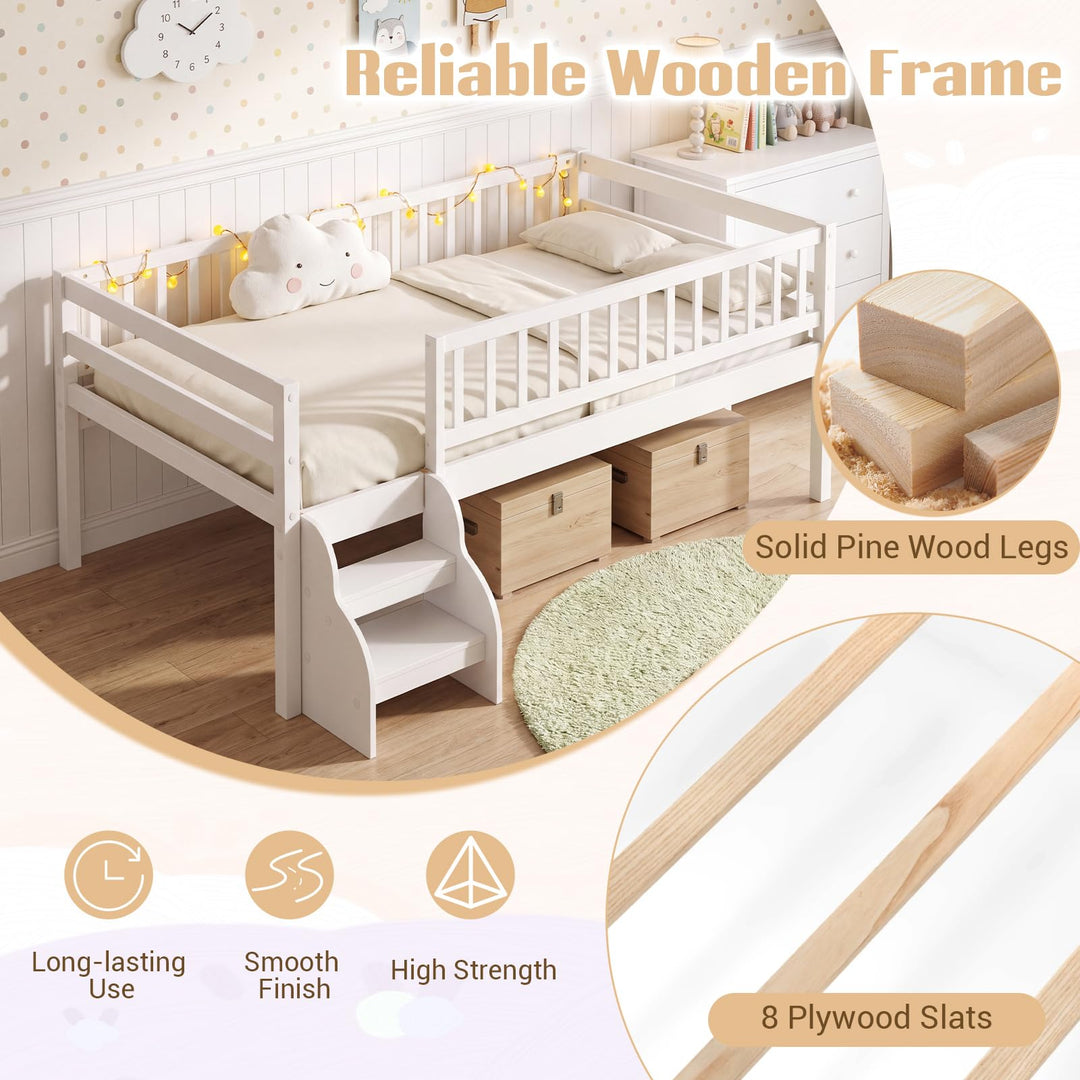 GIANTEX Low Profile Twin Size Bed Frame with Stairs &amp; Safety Guardrails