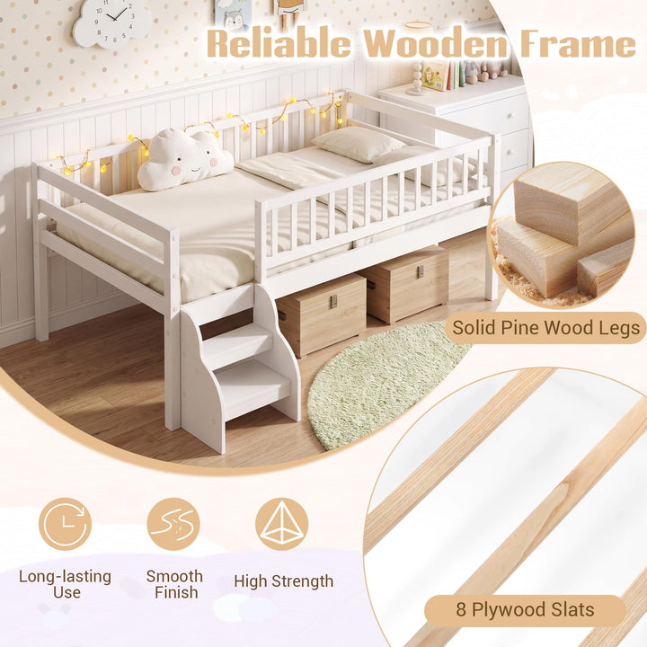 GIANTEX Low Profile Twin Size Bed Frame with Stairs &amp; Safety Guardrails
