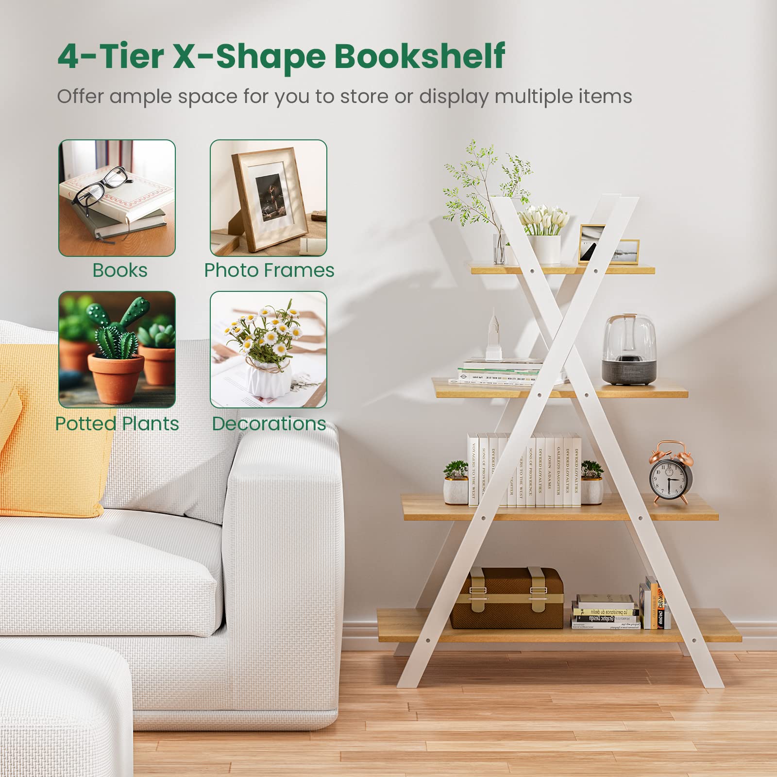 Giantex 4 Tier Bookshelf Storage Shelves Bookcase Ladder Shelf Home Office X-Shape