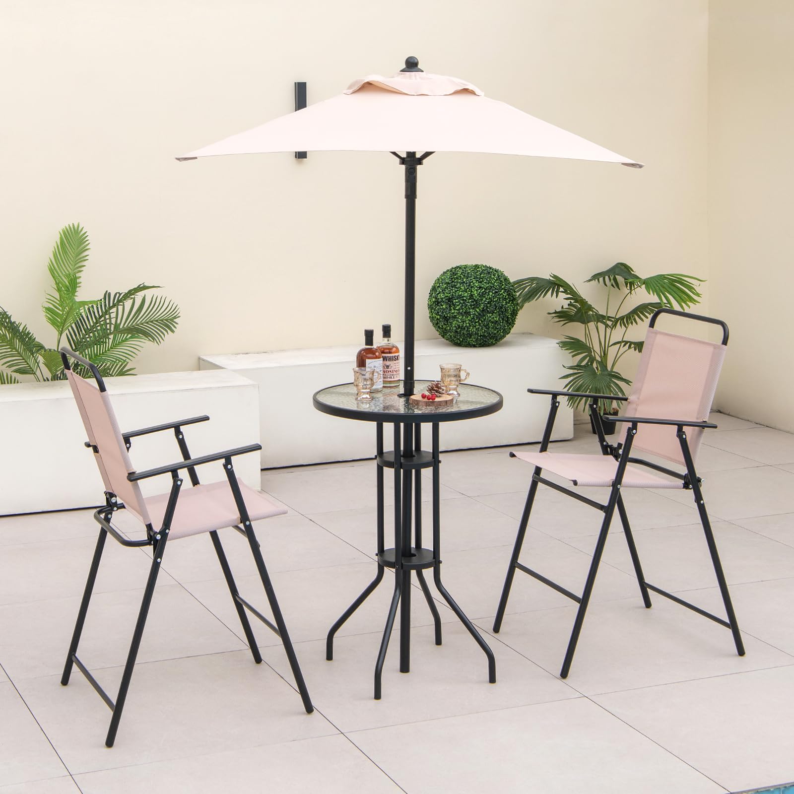 Giantex 4-Piece Outdoor Bar Set, Round High Top Bar Table with 2 Folding Counter Height Chairs & Umbrella