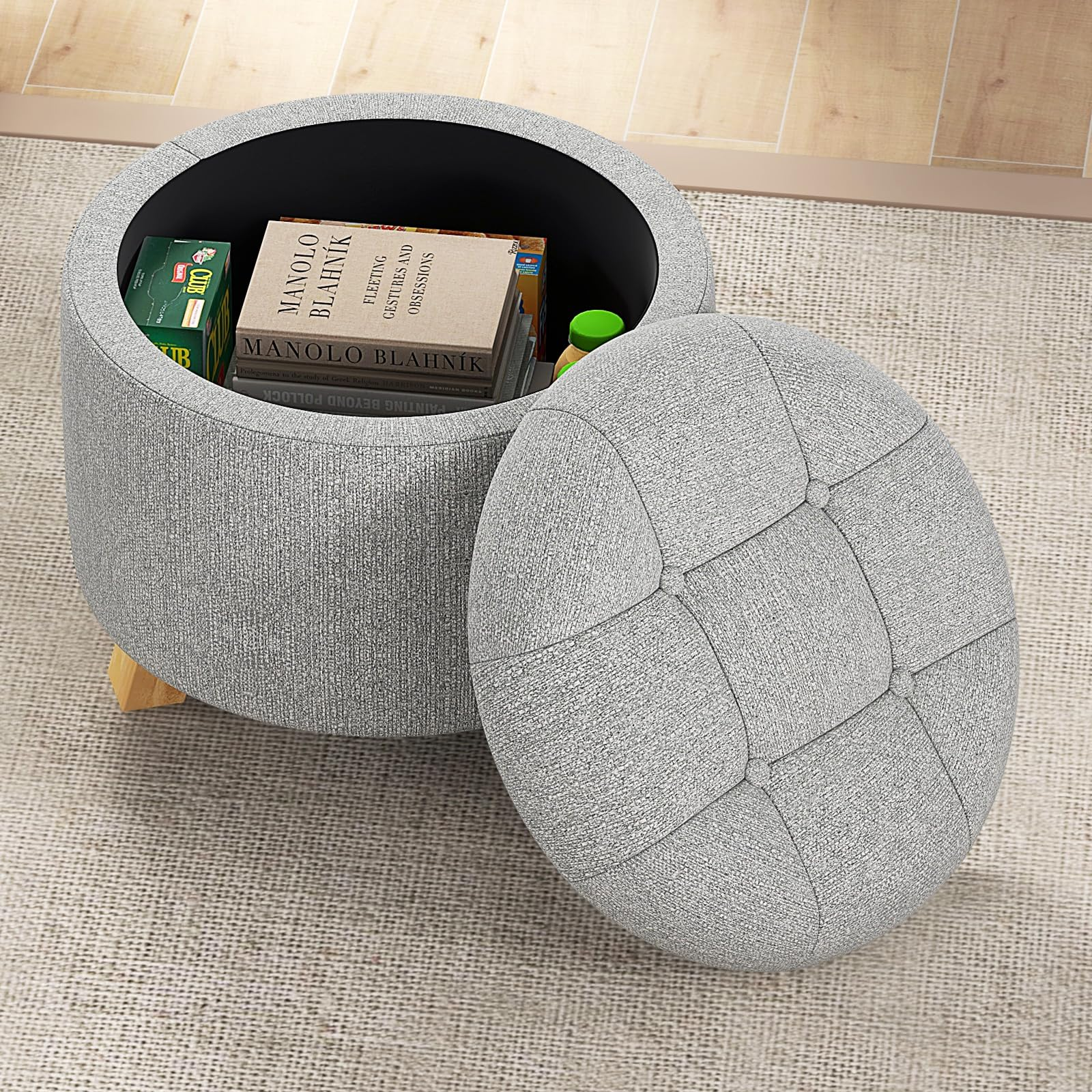Giantex Storage Ottoman Foot Rest - Upholstered Round Tufted Vanity Stool with Solid Wood Feet (Gray)