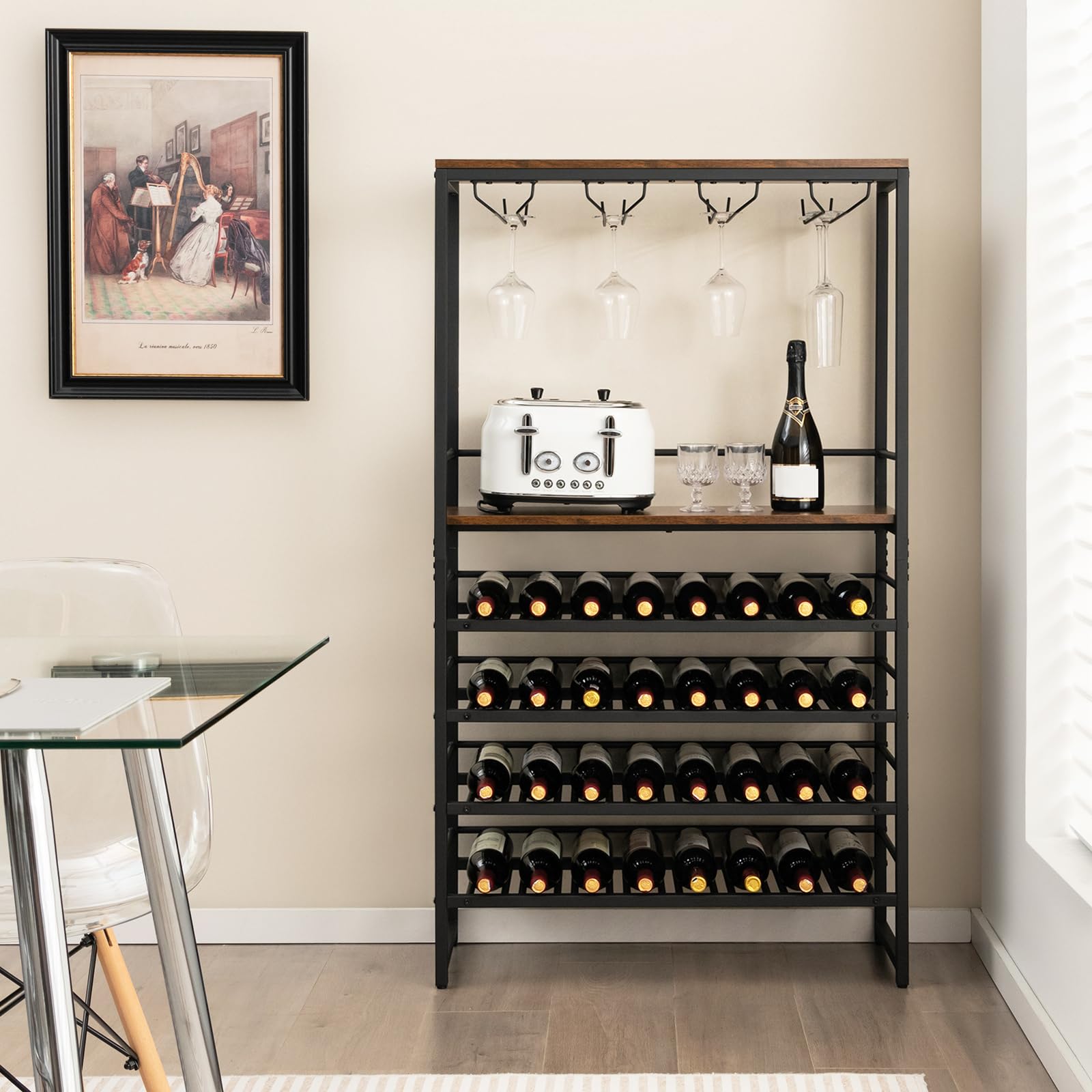 Floor Wine Rack w/ 4-Tier Wine Storage & 4 Rows of Stemware Racks
