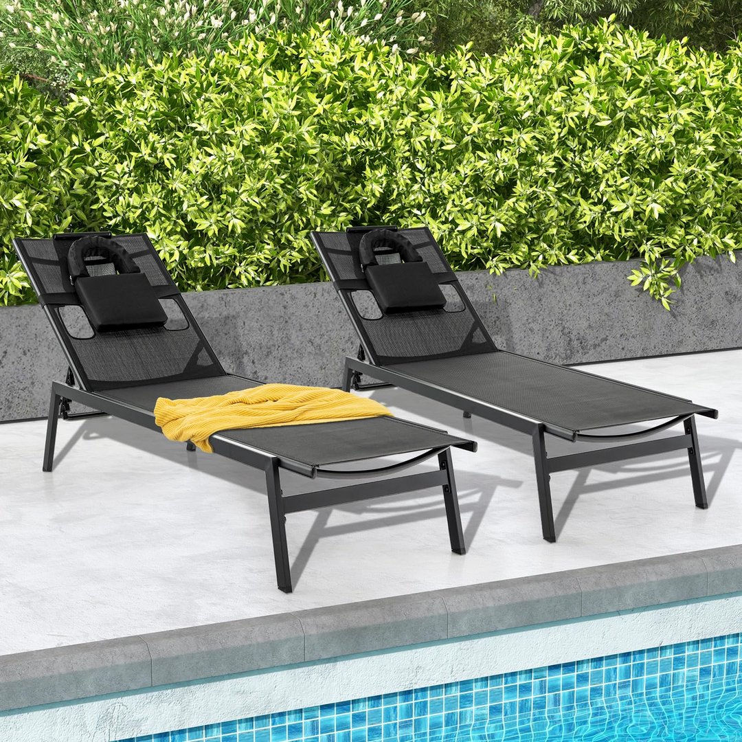Giantex Patio Chaise Lounge Chair - Outdoor Lounge Chaise with Face Hole, Detachable Head Pillows, Black