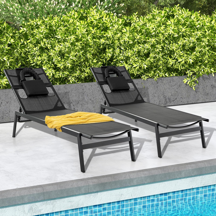 Giantex Patio Chaise Lounge Chair - Outdoor Lounge Chaise with Face Hole, Detachable Head Pillows, Black