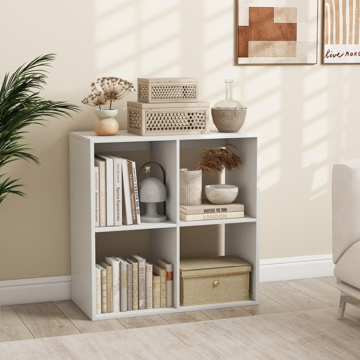 Giantex 4-Cube Bookcase, White Cubby Bookshelf w/Back Guardrail & Anti-Tipping Kits