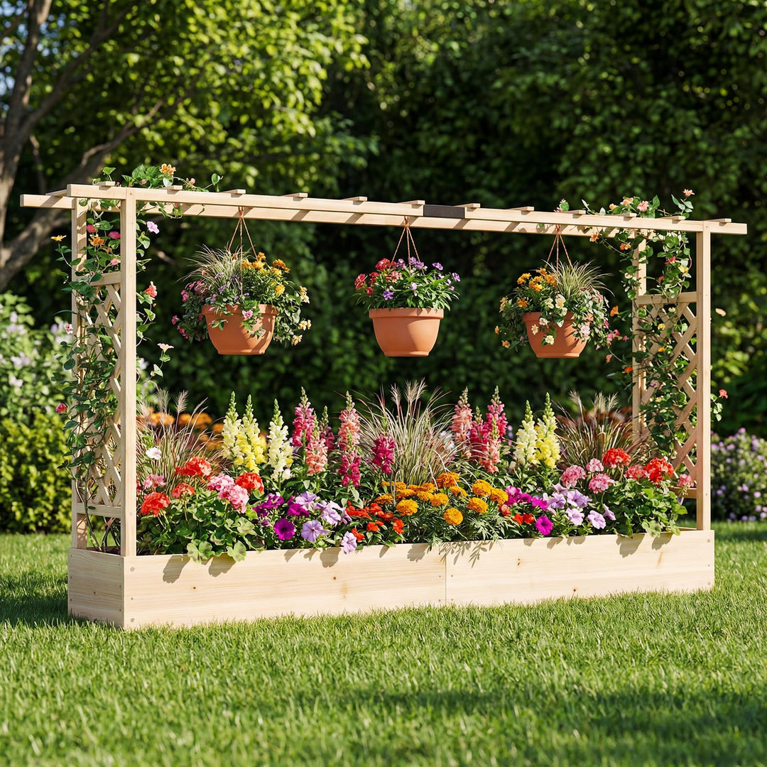 Giantex Wooden Raised Garden Bed with Trellis & Hanging Roof