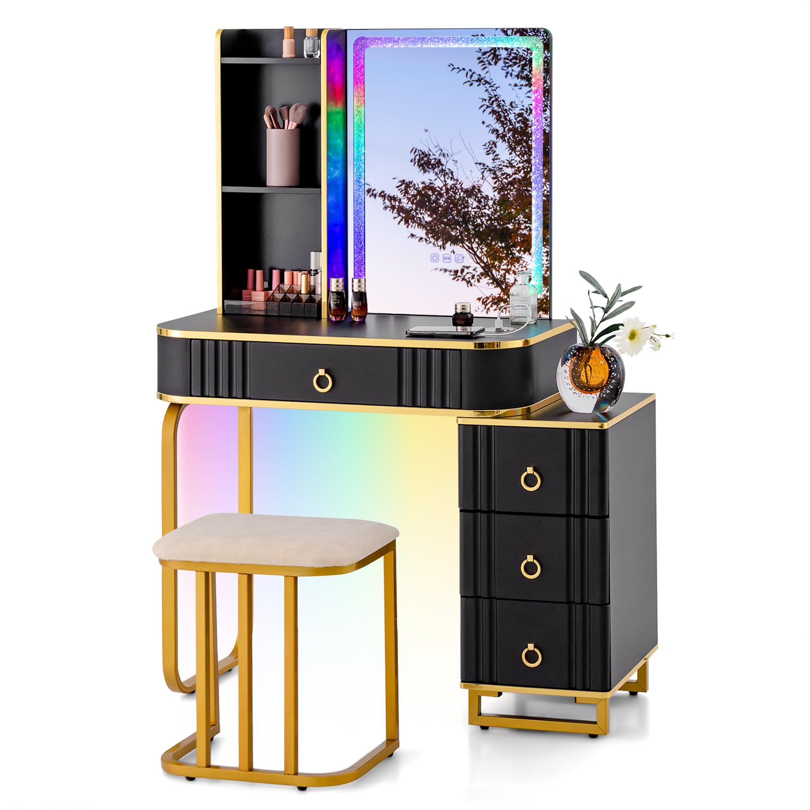 CHARMAID RBG LED Makeup Vanity Table, Colorful Lighted Mirror, 7 Dynamic & 7 Static Modes, 3-Drawer Chest