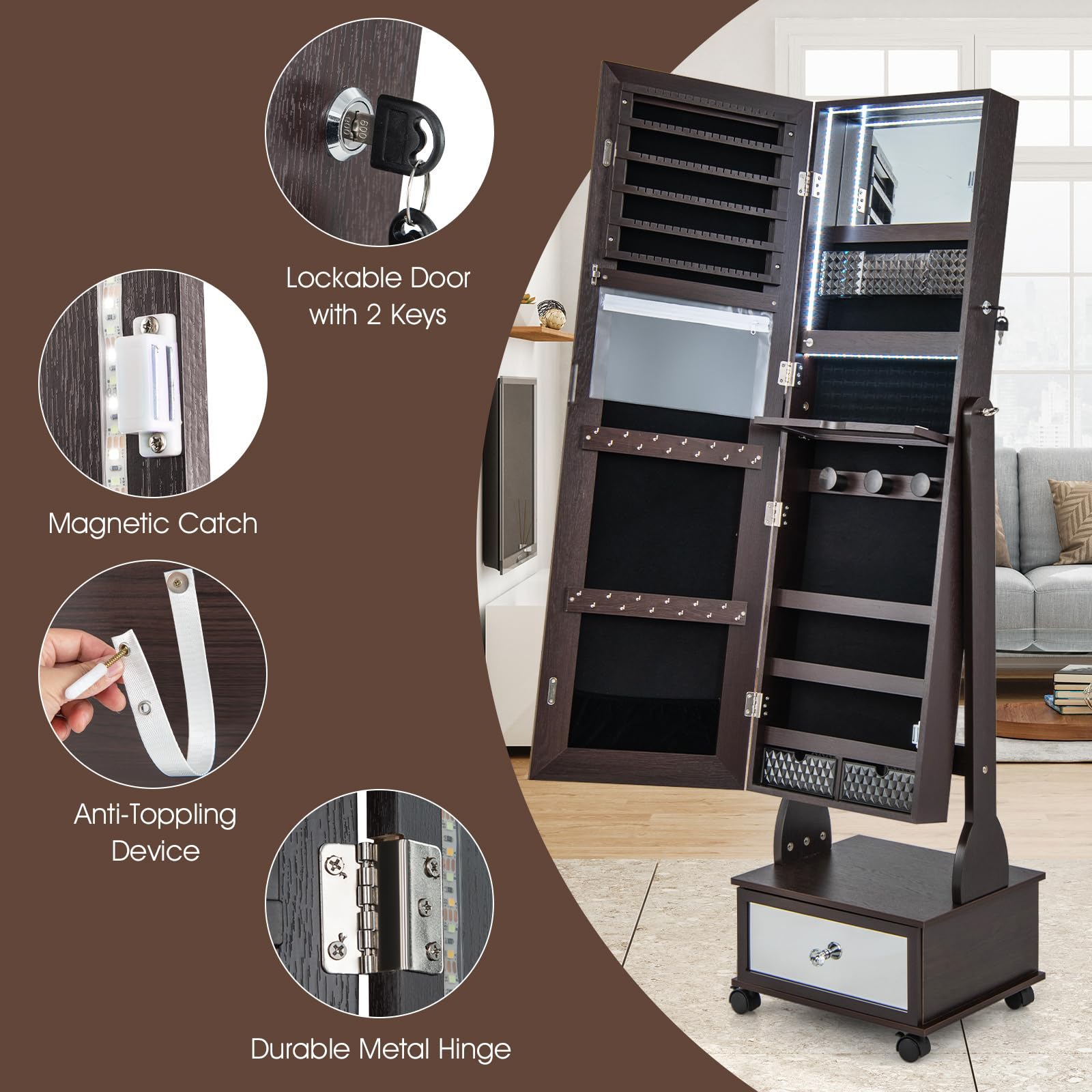 CHARMAID Jewelry Armoire with Full Length Mirror - Giantex