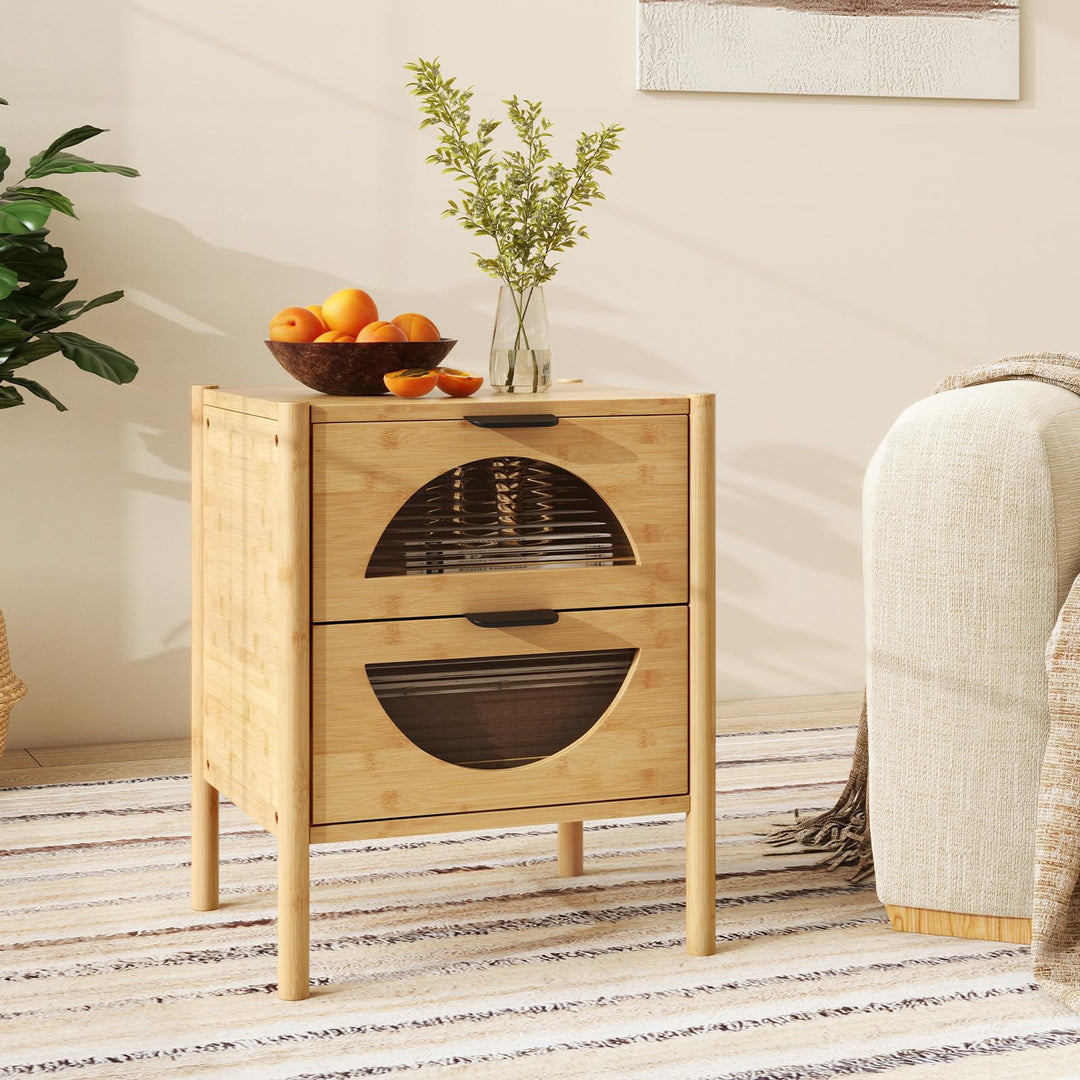 Giantex Bamboo Nightstand, Mid-Century Modern Bedside Table with 2 Storage Drawers & Tempered Glass