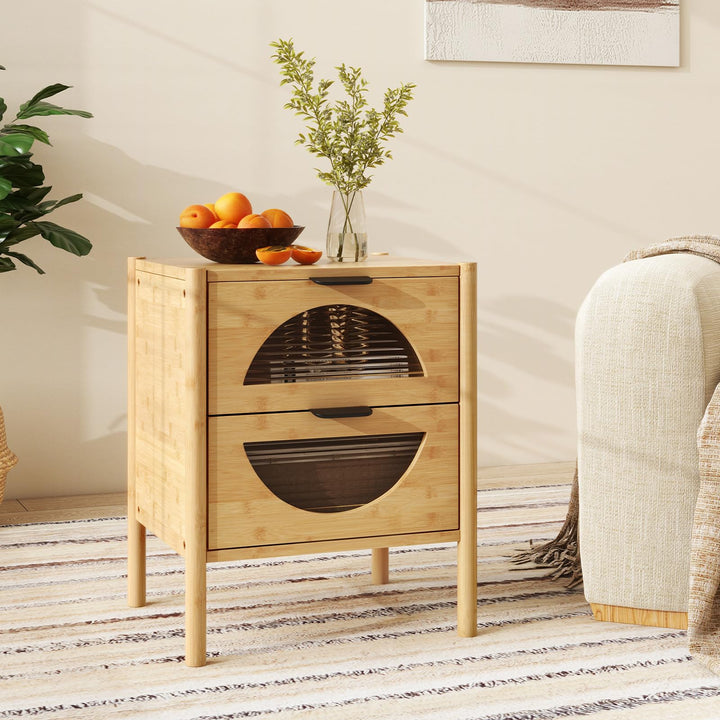 Giantex Bamboo Nightstand, Mid-Century Modern Bedside Table with 2 Storage Drawers & Tempered Glass