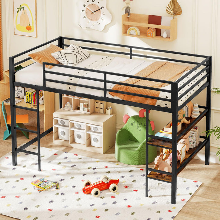 Giantex Low Loft Bed Twin Size Heavy Duty Metal Frame w/Storage Shelves