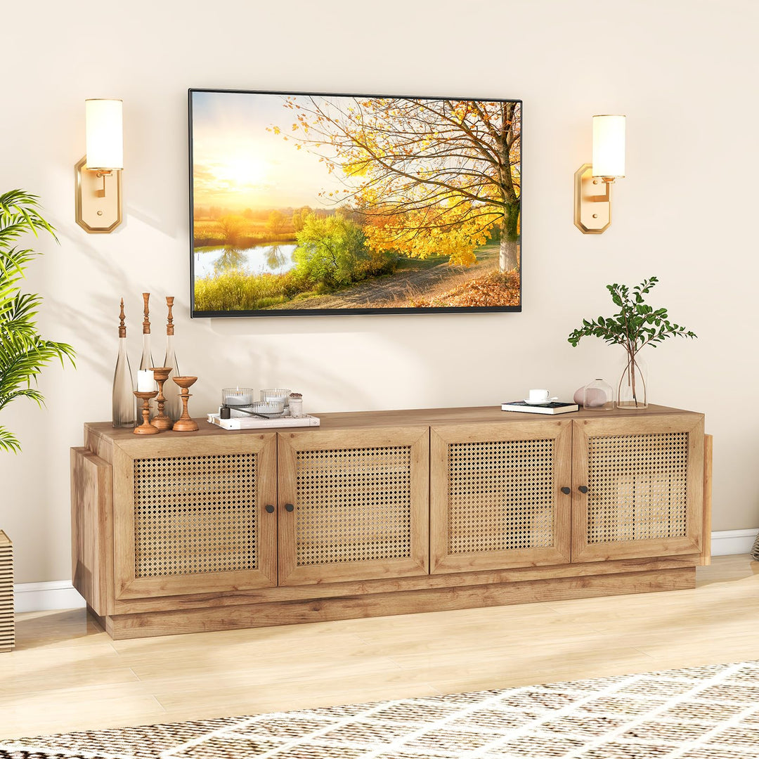 Giantex Farmhouse TV Stand for TVs up to 75”, 4-Door PE Rattan Entertainment Center