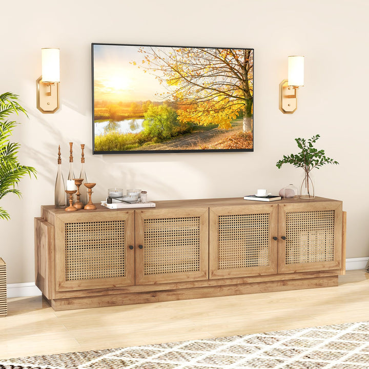 Giantex Farmhouse TV Stand for TVs up to 75”, 4-Door PE Rattan Entertainment Center