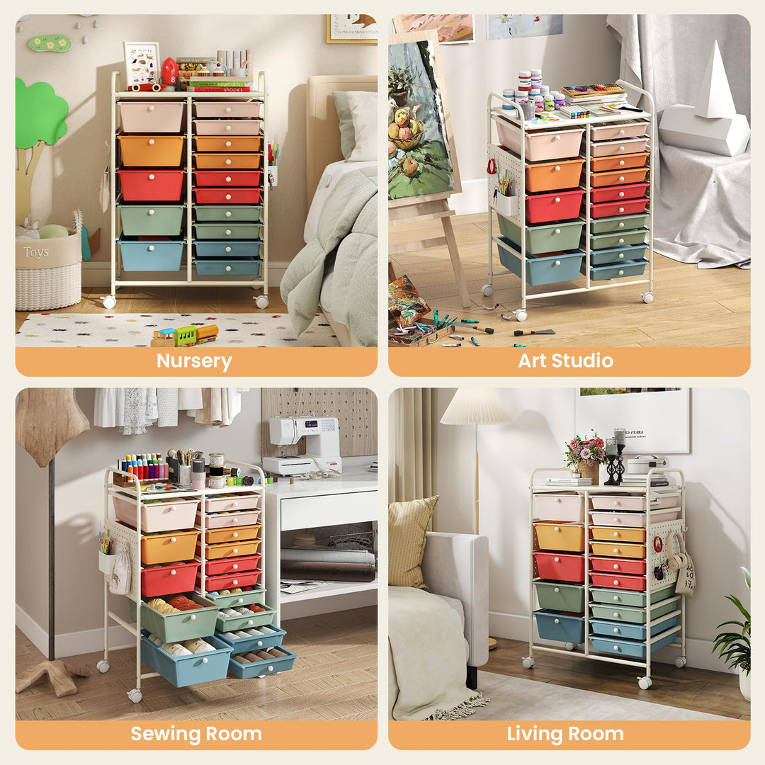 Giantex 15 Drawer Storage Cart | Rolling Craft Cart with Metal Tabletop &amp; Pegboard