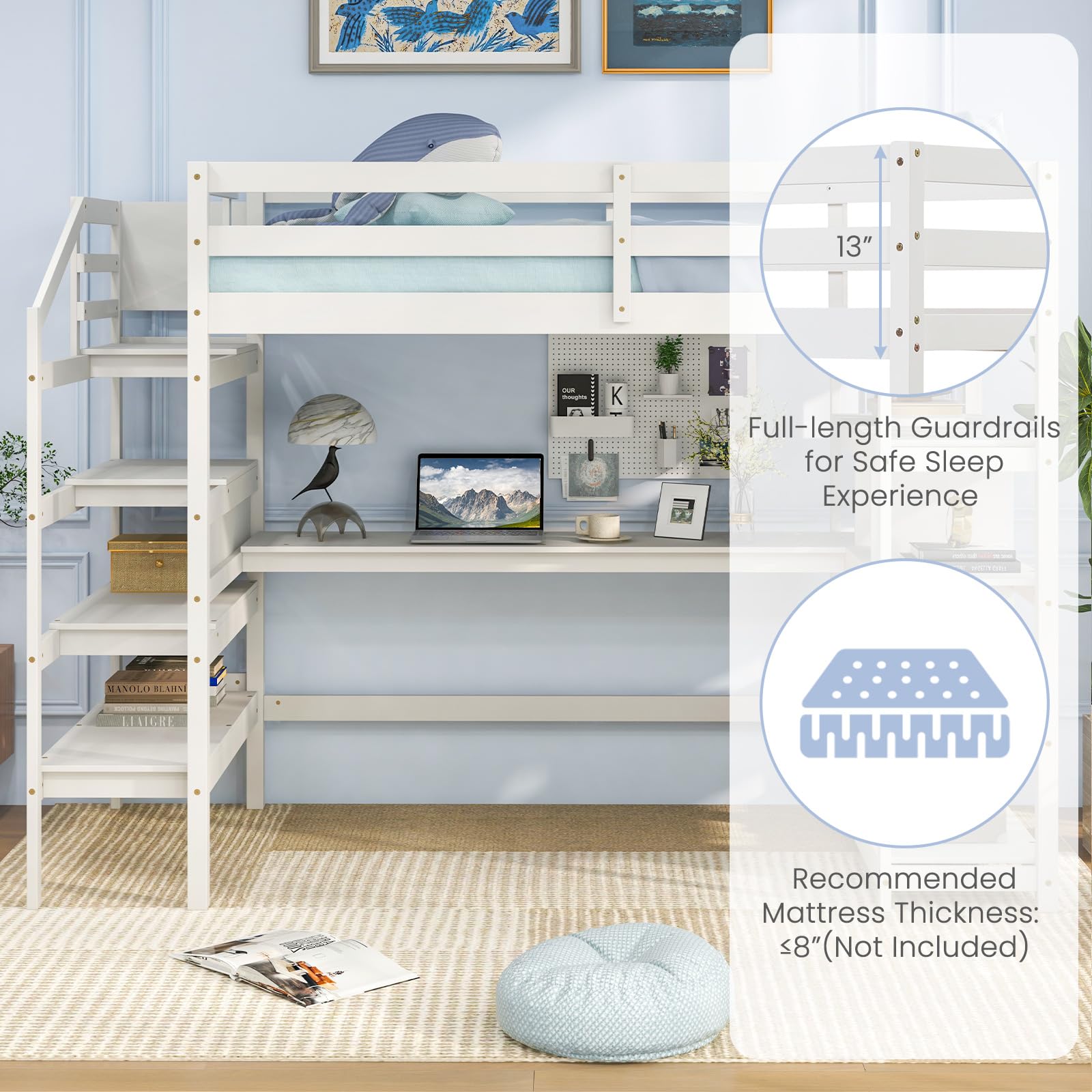 Giantex Twin Loft Bed with Desk and Stairs, Solid Wood High Loft Bed with 4-Tier Storage Shelves
