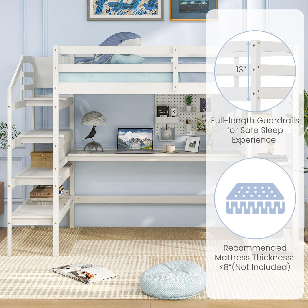 Giantex Twin Loft Bed with Desk and Stairs, Solid Wood High Loft Bed with 4-Tier Storage Shelves