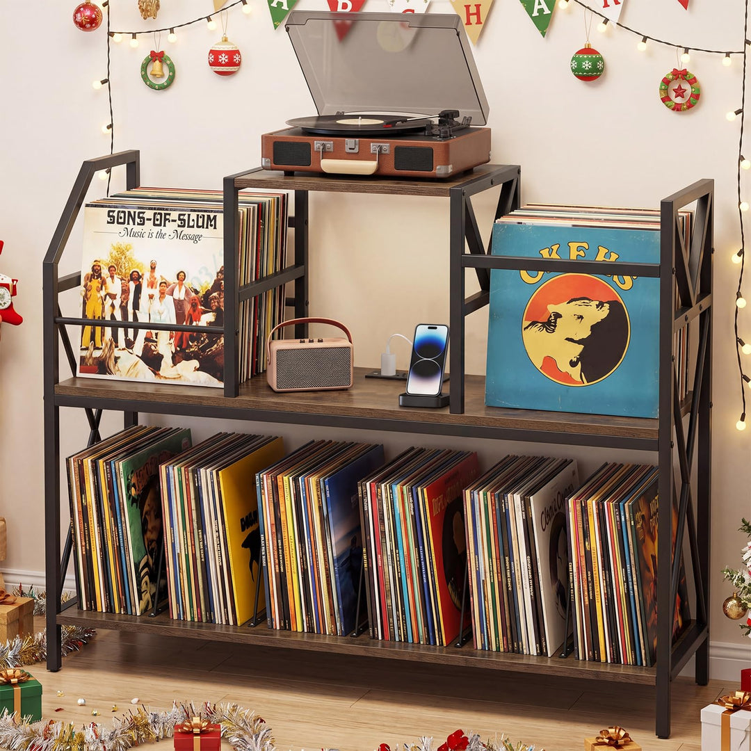 Giantex Large Record Player Stand with Charging Station &amp; Dividers for Albums