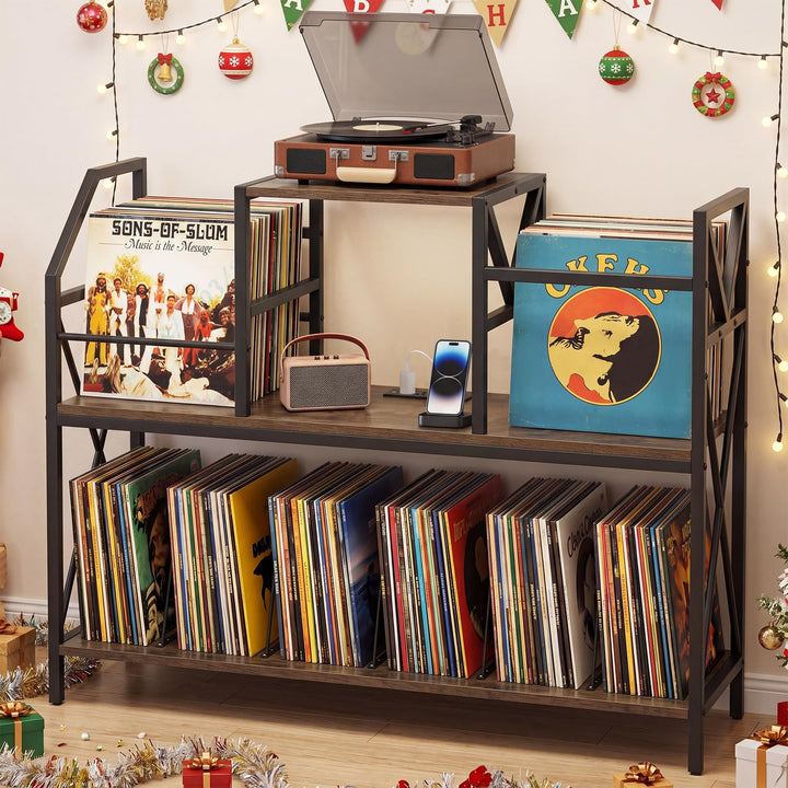 Giantex Large Record Player Stand with Charging Station &amp; Dividers for Albums