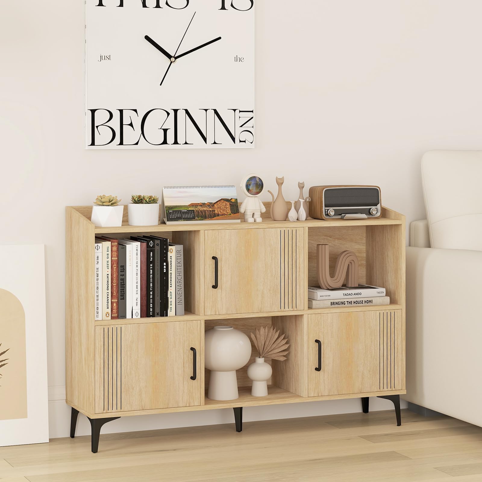 Giantex Storage Cabinet, Sideboard with 3 Doors, 3 Open Compartments, Bookcase with 5 Raised Metal Legs