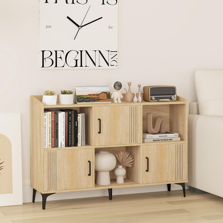Giantex Storage Cabinet, Sideboard with 3 Doors, 3 Open Compartments, Bookcase with 5 Raised Metal Legs