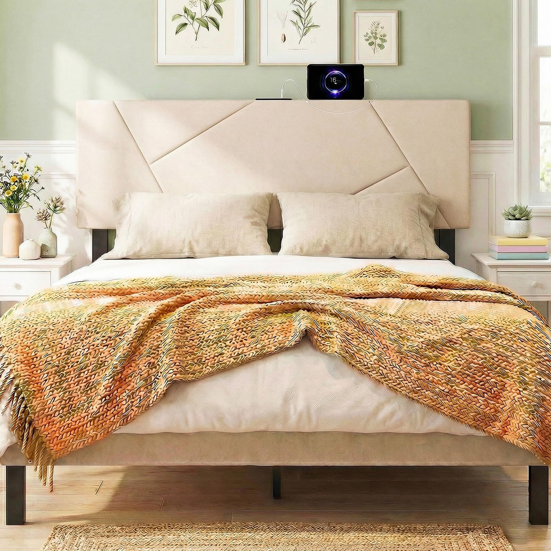 Giantex Geometric Upholstered Head Board with 2 AC Outlets for Queen and Full Size Bed