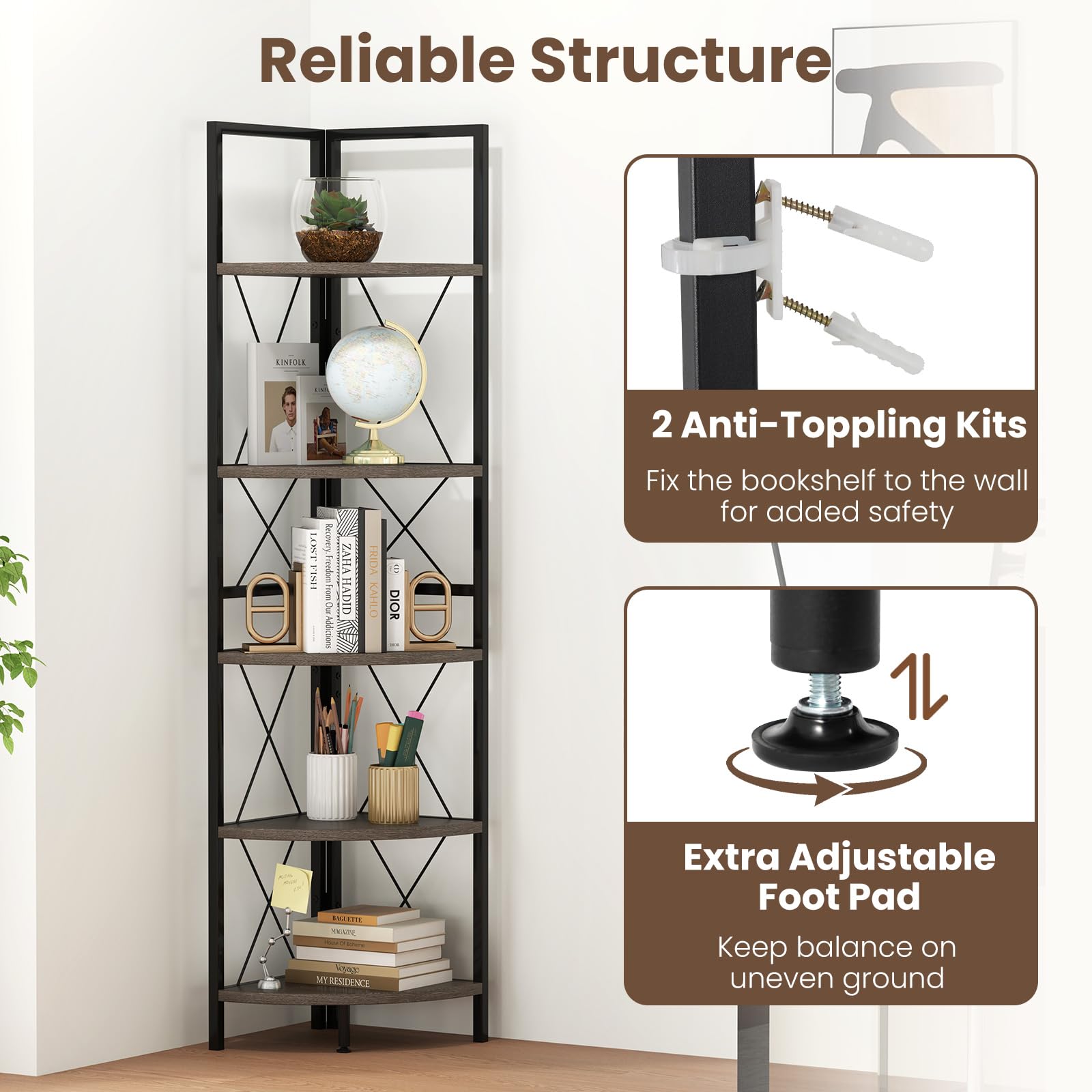 Giantex 5-Tier Corner Shelf, 63" Tall Corner Bookshelf, Freestanding Storage Rack w/Metal Frame