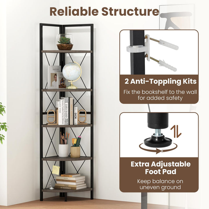 Giantex 5-Tier Corner Shelf, 63" Tall Corner Bookshelf, Freestanding Storage Rack w/Metal Frame