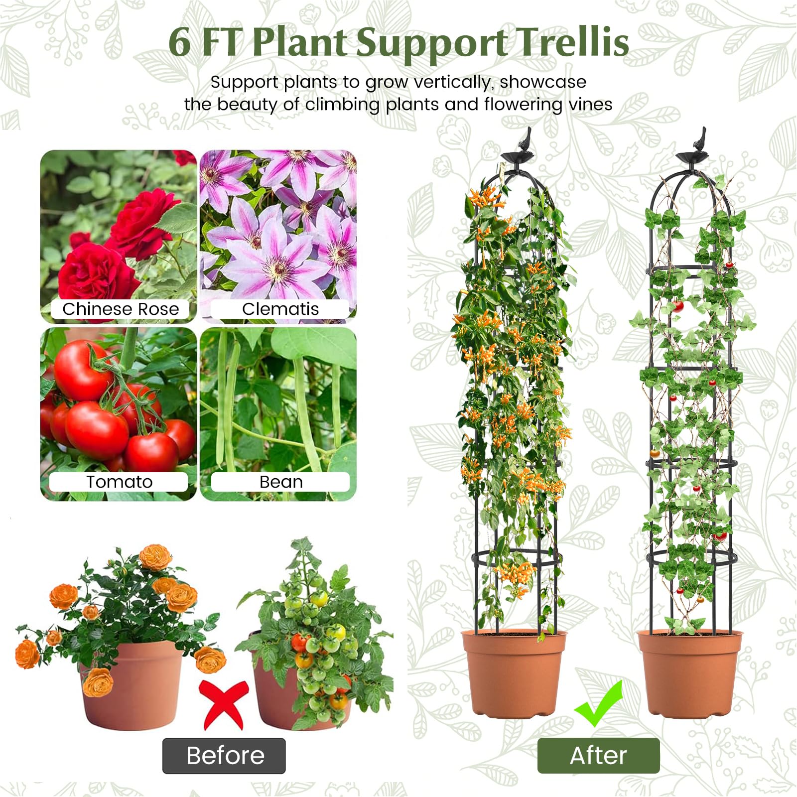 Giantex 2-Pack Tomato Cages, 69” PE-Coated Metal Garden Obelisk Trellis for Climbing Plants