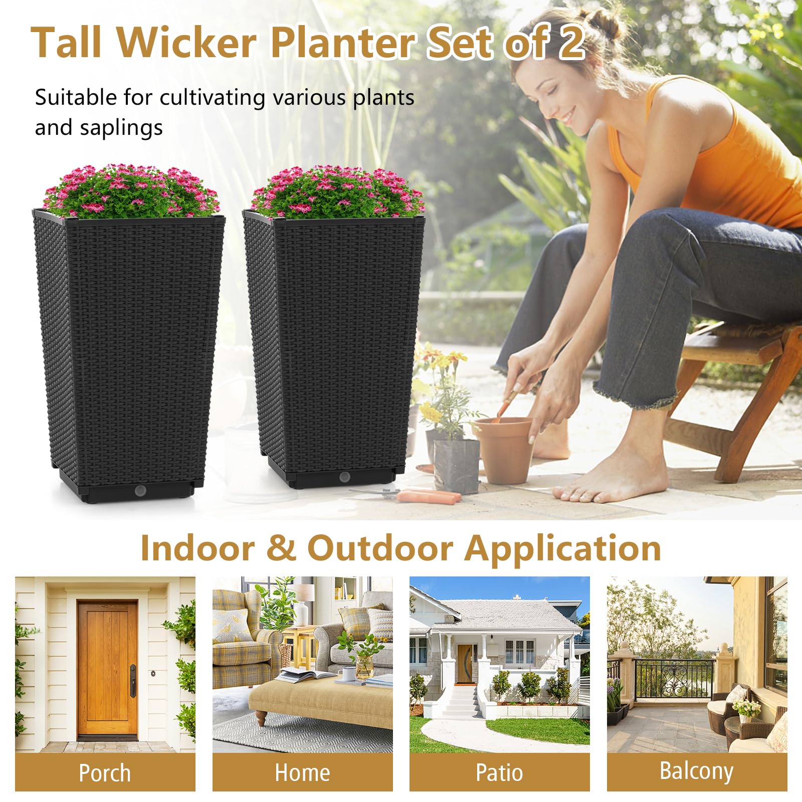 Giantex Outdoor Wicker Flower Pot Set of 2, 22.5” Tall Planters with Drainage Hole, Self-Watering Tray