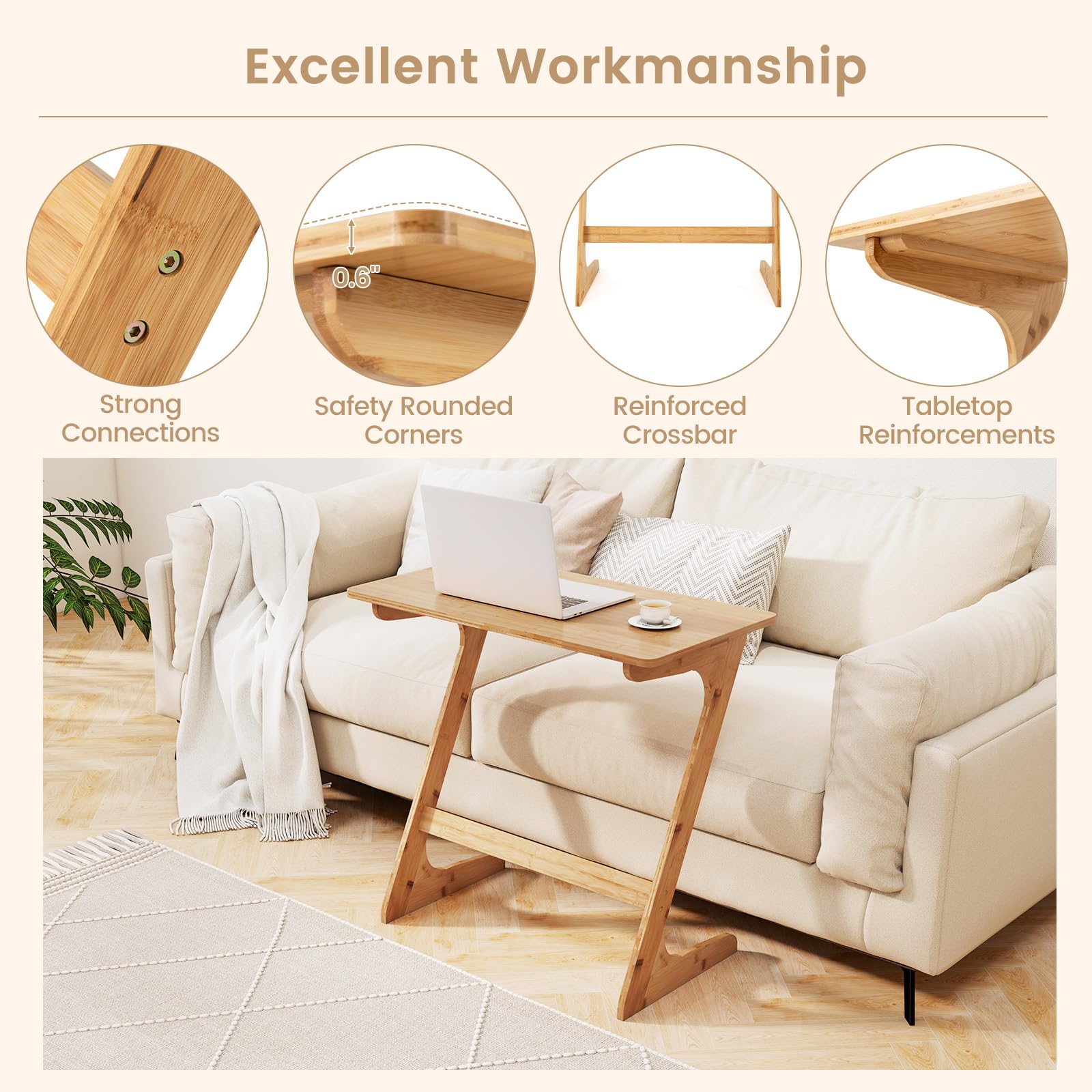 Giantex Bamboo TV Tray Table, Z Shaped Sofa Couch Side Table for Eating Snacks Coffee Laptop