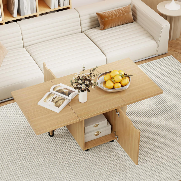 Giantex Folding Coffee Table 48 Inch Drop Leaf Extendable Center Table with Storage Cabinet & Wheels