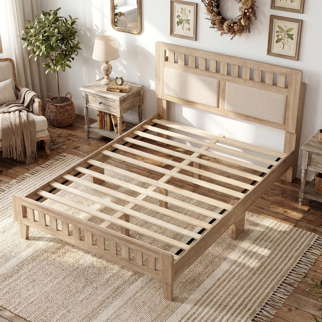 Giantex Mid-Century Wood Bed Frame with Upholstered Headboard (Full/Twin)
