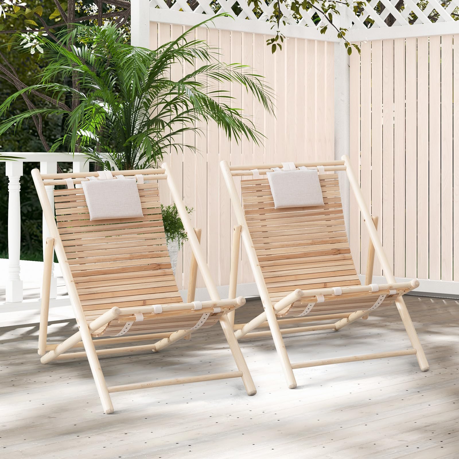 Giantex Wood Lounge Chair Outdoor - Folding Beach Chair with Detachable Headrest