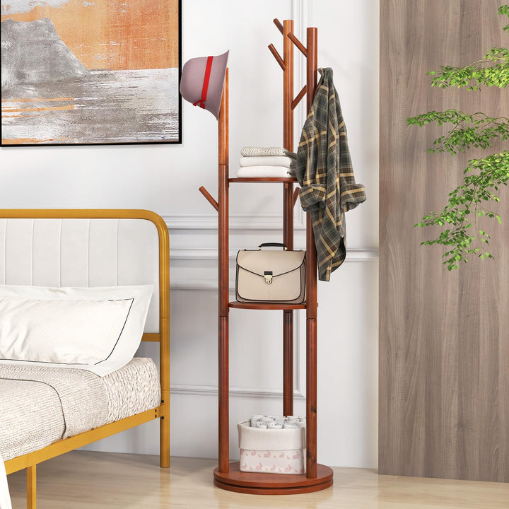 Giantex Coat Rack Freestanding, Wooden Rotary Coat Tree w/ 3 Display Storage Shelves & 9 Hooks