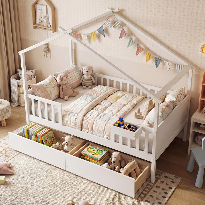 Giantex Full Size House Bed with Roof and Fence Rails for Kid