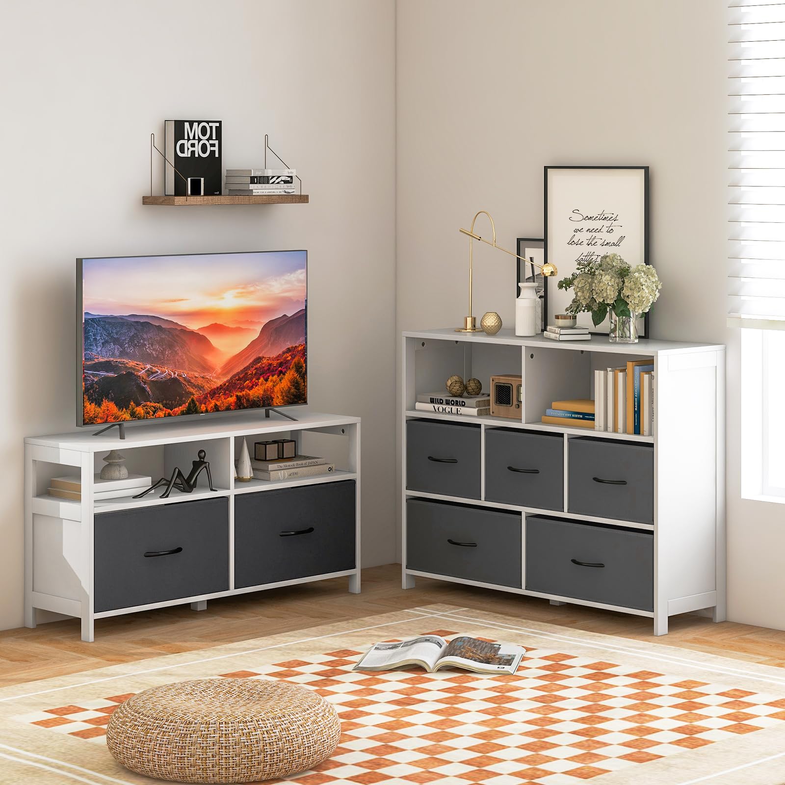 Giantex TV Stand for Bedroom, Storage Cabinet with 2 Open Shelves, 2 Removable Fabric Drawers