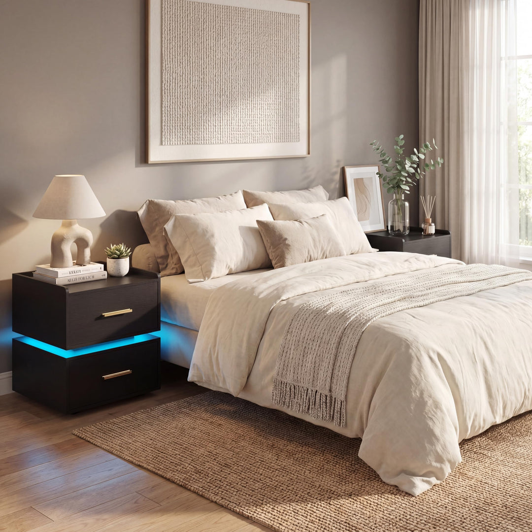 Giantex LED Night Stand with Charging Station &amp; 2 Storage Drawers (1/2)