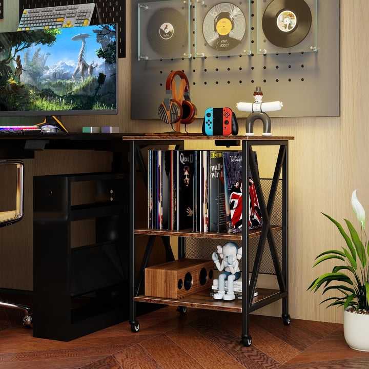 Giantex Record Player Stand with Charging Station Turntable Stand with Record Storage & 4 Rolling Wheels