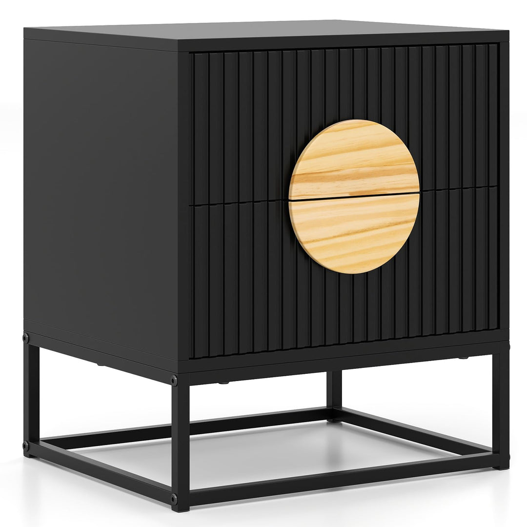 Giantex Fluted Nightstand with 2 Drawers with Natural Circle Handle & Metal Frame
